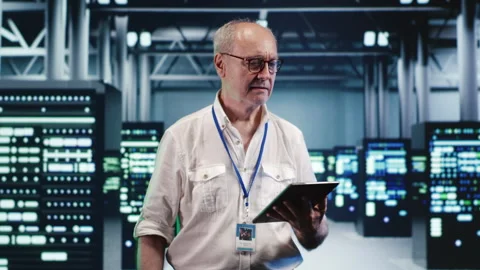 Old professional optimizes data center Stock Footage 248648072