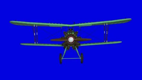 Old propeller biplane airplane. Front view. Blue screen background Stock Illustration