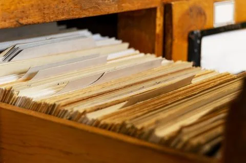 An old pull-out file cabinet with cards Stock Photos