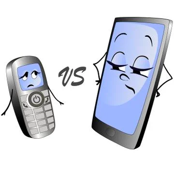 Old push-button phone versus a modern smart phone. Stock Illustration