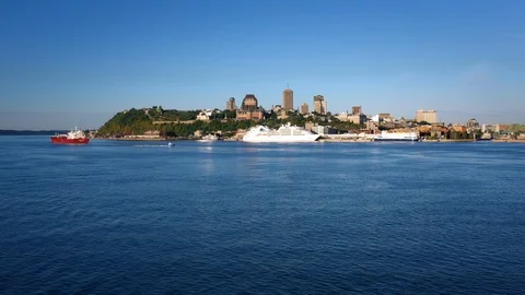 Old Quebec with two ship in front of the Frontenac Castle, aerial shot Stock-Footage 116178626