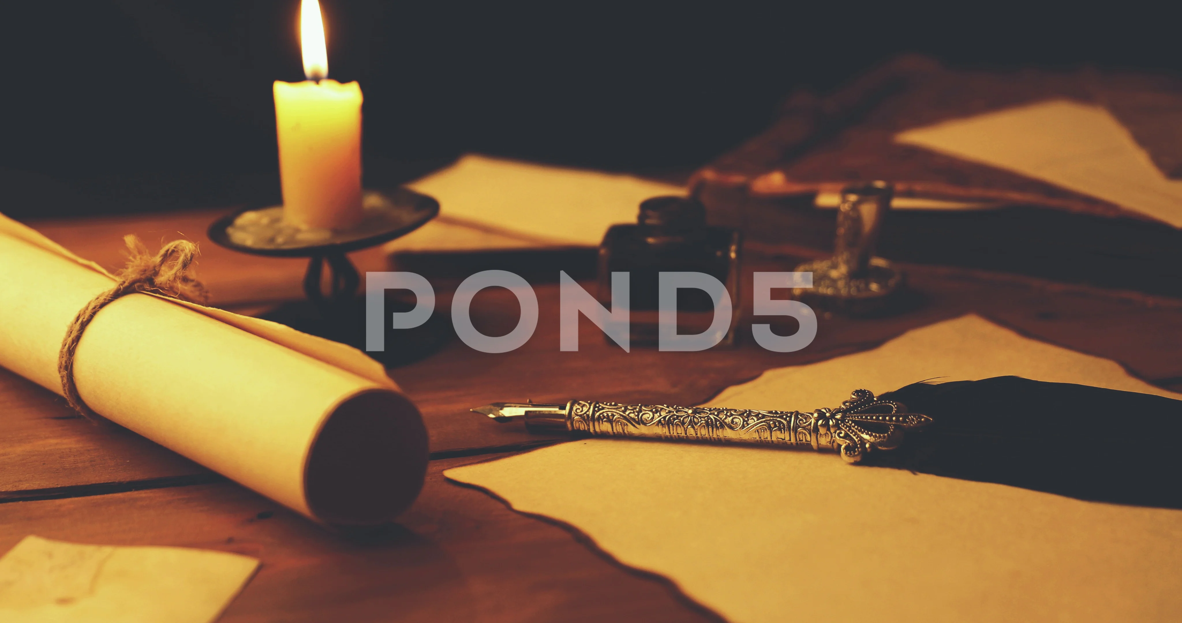 Old parchment paper and writing quill Stock Video Footage by