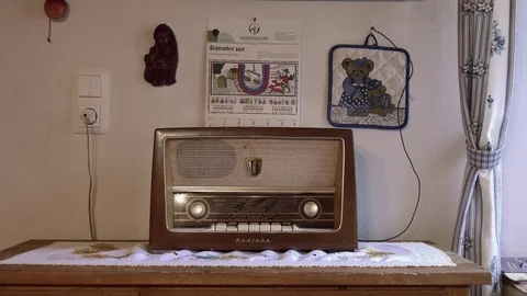 Old radio on table in room Stock Footage 70090876