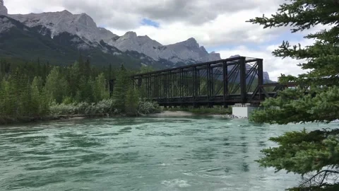 Old Rail Bridge on Bow River in Canmore Stock Footage 131476641