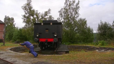 Old railroad steam locomotive turning on turntable time lapse Stock Footage