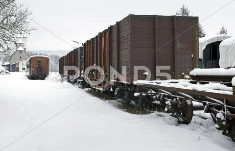Old Railway Car At Winter Time