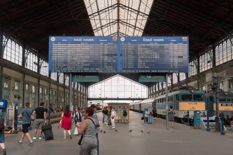 Old railway station terminal Nyugati in Budapest Stock Footage