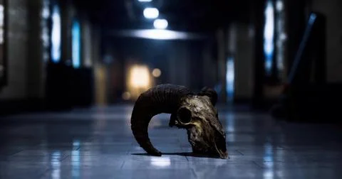 Old ram skull placed on a hall floor illuminated by dim light Stock Illustration