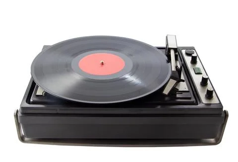 An old record player installed with a record Stock Photos