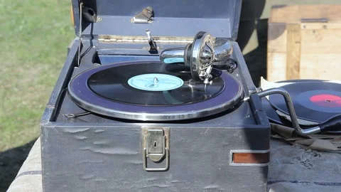 Old record player with a retro-plate. Stock Footage 89227243