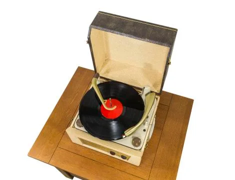 Old Record Player on Table Isolated on White Stock Photos