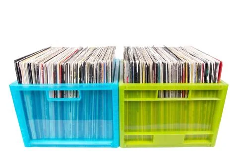 Old records in two plastic boxes 写真素材