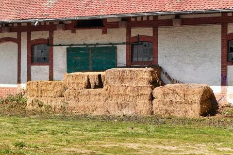 Old rectangular hay bales stored in front of old abandoned farm building Stock Photos