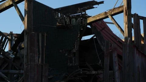 Old Red Barn Fallen Due To Climate Change Stock Photos