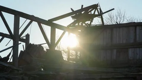 Old Red Barn Fallen Due To Climate Change Stock Photos