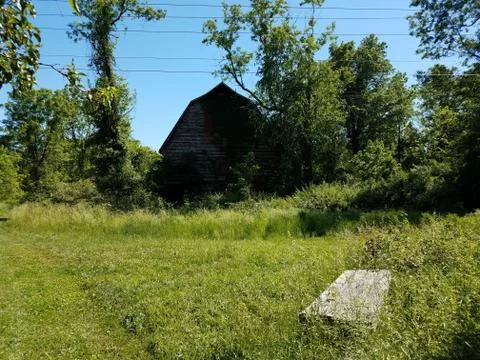 Old red barn with grass and trees and wood bench Stock Photos
