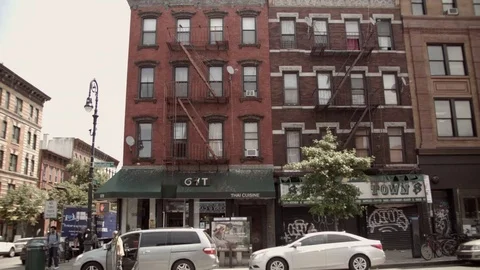 Old, red brick apartment building in Greenpoint, Brooklyn. New York Stock Footage 75326485