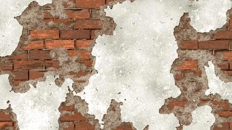 Old red brick wall texture with peeling white stucco and grunge concrete. 3D Illustrazione stock