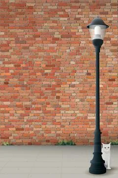 Old red brick wall vertical background with the sidewalk and lighting pole .. Stock Illustration