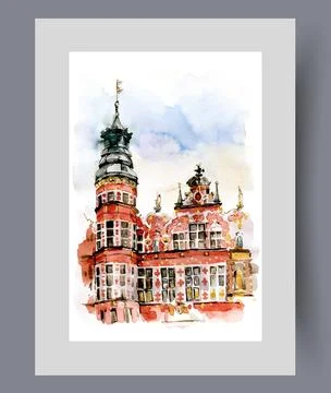 Old red building with tower with flag on top under blue sky on print. Watercolor Ilustración de archivo