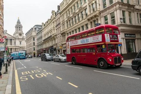 Old Red bus double decker outside St Paul's Cathedral, London, England, UK, GB Stock Photos