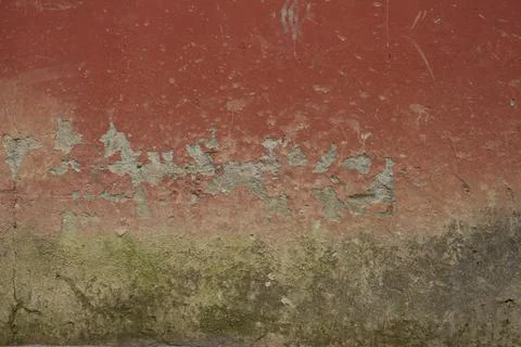 Old red concrete wall surface with green moss stains and damages. deep scratc Stock Photos