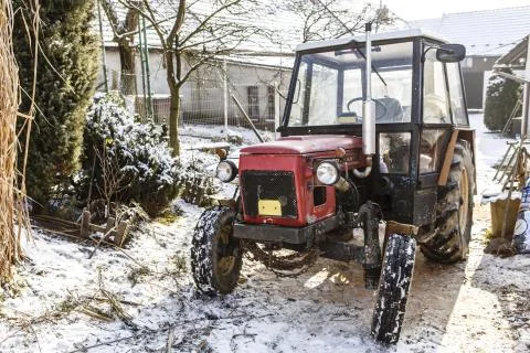 Old red czech tractor in the winter Stock Photos