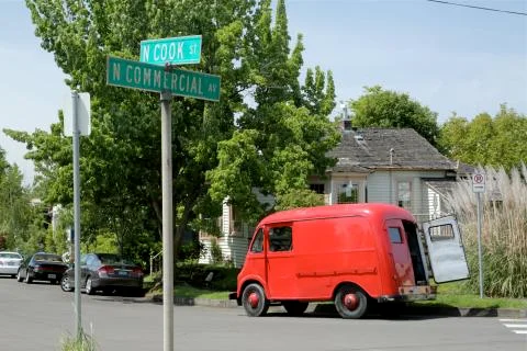 Old red delivery van 스톡 사진