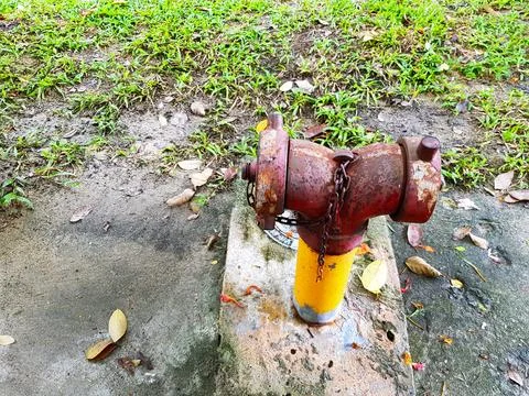 Old red fire hydrant connection for suppress or stop fire at public place Stock Photos
