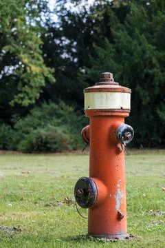 Old red fire hydrant on green grass field Stock Photos