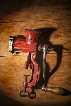 Old red meat grinder Stock Photos