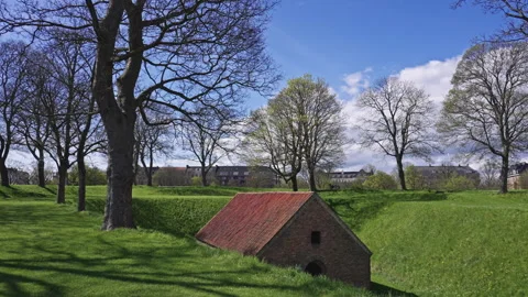 Old Red-Roofed Brick Shed in Lush Park with Bare Spring Trees and Urban Skyline Stock Footage 309452016