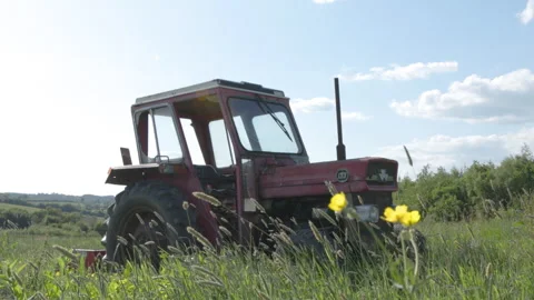 Old red tractor in a field Stock Footage 244864991