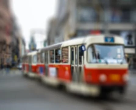 Old red tram, intentional blurred background Stock Photos