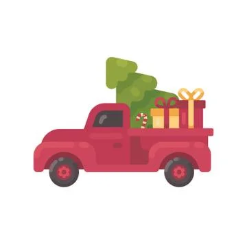 Old red truck with Christmas tree and presents Stock Illustration