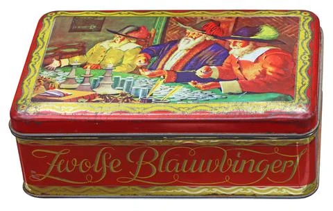 Old red Vintage rectangular metal box, decorated with Dutch motifs Foto stock