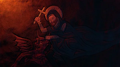 Old Religious Artwork Showing Man Fighting The Devil Video stock 123504076