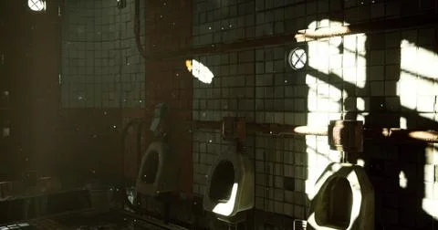 Old restroom interior with sunlight casting shadows during daytime Stock Illustration