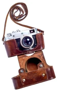 Old retro camera in a leather case on a white background Stock Photos