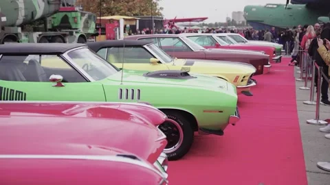 Old Retro Car Show. Camera fly through the exhibition with classic cars, 09.07.2 Stock Footage 227303915