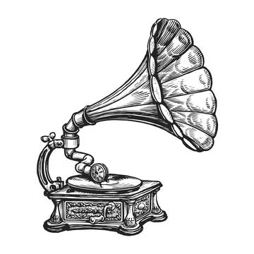 Old retro gramophone with vinyl record. Phonograph, vintage music player Stock Illustration