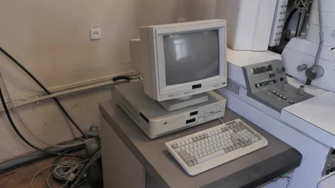 Old Retro Laptop Computer 80s 90s. The Camera Pans Down-Top Stock Footage 157994236