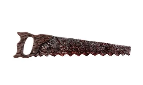 Old retro rusty handle saw in red blood isolated on white background Photos