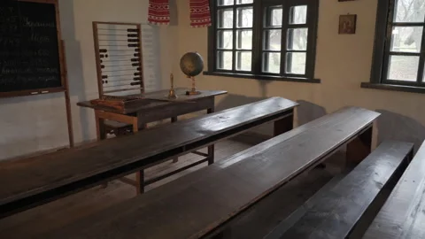 Old Retro School. View Of Rows Of Wooden Desks, Blackboard, Abacus Stock Footage 221701975