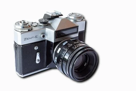 Old retro Soviet Zenith Zenit E camera with exposure meter on a white isolate Stock Photos
