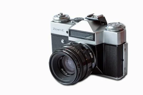 Old retro Soviet Zenith Zenit E camera with exposure meter on a white isolate Stock Photos