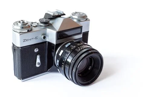 Old retro Soviet Zenith Zenit E camera with exposure meter on a white isolate Stock Photos
