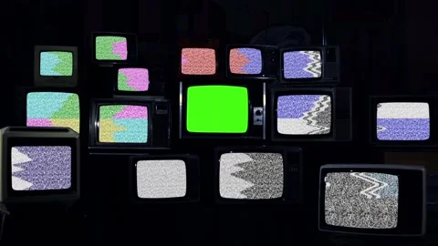Old Retro TVs Showing Static Noise, Color Bars and Central Green Screen Stock Footage 123091956