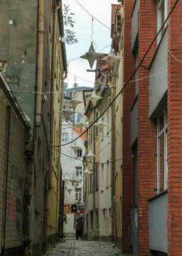 Old Riga city tiny pavement street Stock Photos