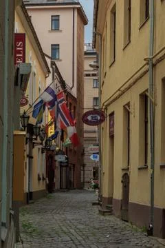 Old Riga city tiny pavement street Stock Photos